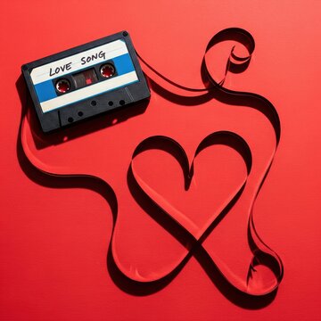 Vintage Cassette Tape with Ribbon Forming Heart on Red Background &ndash; Love Song Mixtape Flat Lay with Copy Space