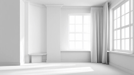 Fototapeta premium Bright and airy empty room with large windows and white curtains