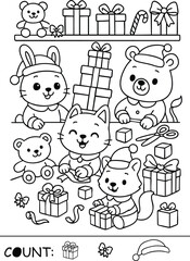 Wrapping Gifts Christmas printable coloring page for kids cute animals wrapping presents worksheet