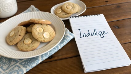 Cookies on a plate next to a notebook with the word indulge