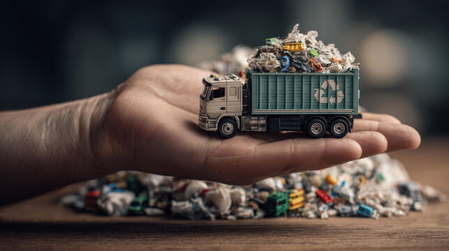 Miniature recycling truck on a hand over a pile of waste materials