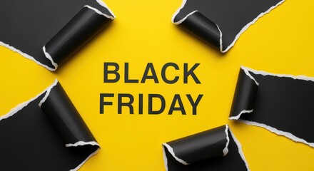 Black Friday Sale Promotional Concept with Torn Black Paper on Yellow Background