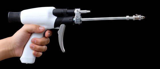 Naklejka premium Hand holding silicone caulk gun to fill gaps between glass panes on empty black window sill in close-up macro setting with professional lighting