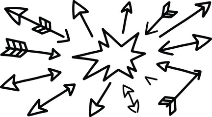Hand drawn arrows pointing to a star burst creating a focal point. Center star with arrow concept of attention, direction, and black and white sketch.