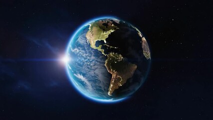 Earth sunrise over Americas continents glowing city lights in deep space with stars and nebula