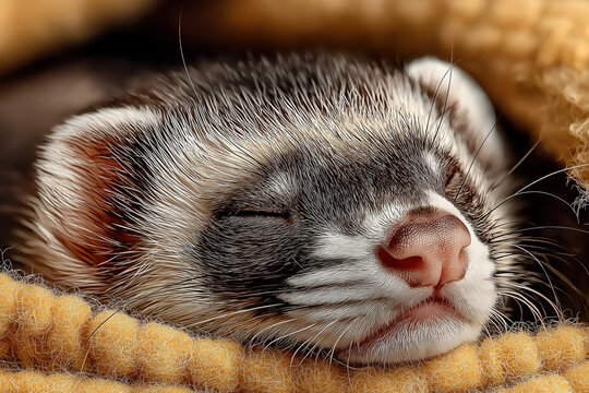 Furet endormi blotti dans une couverture en laine, portrait animal mignon et apaisant de petit NAC au repos