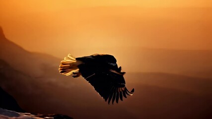 A silhouette of a bald eagle in flight against a sunset backdrop. The eagle is captured in a side profile, with its wings spread wide, showcasing the intricate details of its feathers.