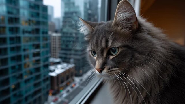 Cute cat gazes out window in urban setting on a chilly day