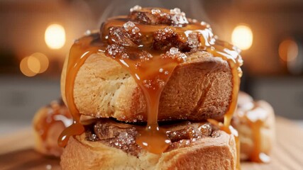 Delicious Cinnamon Rolls Piled and Drizzled With Caramel Sauce Close-Up - Powered by Adobe