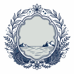 Vintage ornamental frame with an ocean scene, sailboat, mountain, and birds in elegant line-art style, monochrome ink illustration.