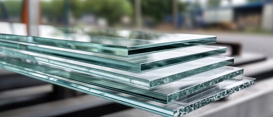 Close-up view of stacked glass sheets showcasing clarity and precision in an industrial setting for glazier work