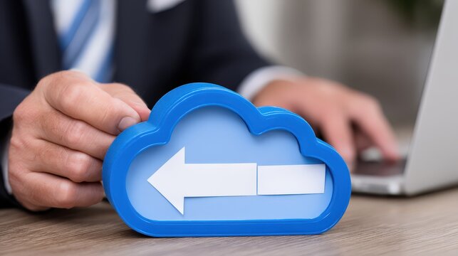 Professional businessman holding a blue cloud icon symbolizing digital data transfer and management technology while working on a laptop in a modern office environment