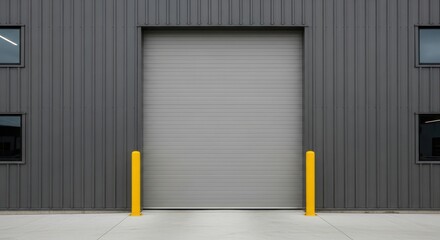 Modern industrial building facade with a large gray rollup door and two small windows, featuring corrugated metal siding