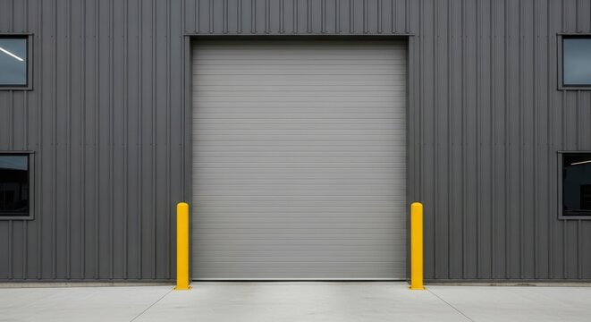 Modern industrial building facade with a large gray rollup door and two small windows, featuring corrugated metal siding