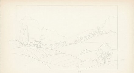 Sketch of a countryside landscape with rolling hills a house and trees in a light color palette