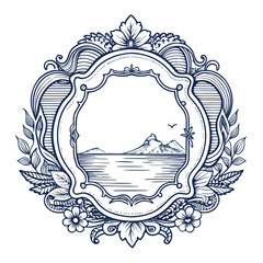 Vintage ornamental frame with an ocean scene, sailboat, mountain, and birds in elegant line-art style, monochrome ink illustration.