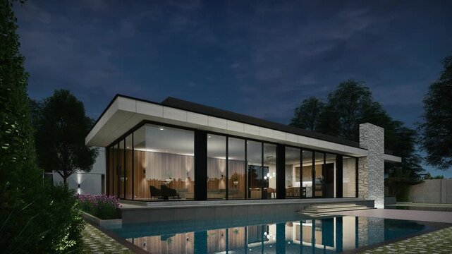 4K 3D Rendering Animation of Modern House Exterior with Swimming Pool, Night time