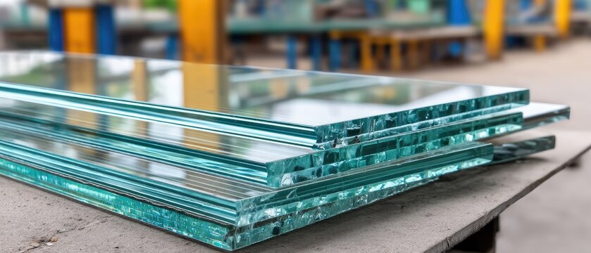 Stack of glass panels being cut, emphasizing sharp edges and clear textures in a modern glazing workshop with soft lighting