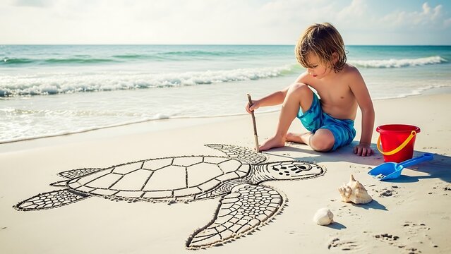 Childs Beach Art - Drawing a Sea Turtle on the Sand.