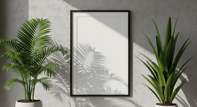 A minimalist interior scene featuring a blank picture frame on a textured wall, surrounded by lush green potted plants and soft light