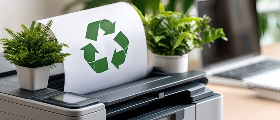 Close-up view of a printer displaying printed paper with recycling symbol, highlighting minimalist design and eco-friendly messaging in a bright workspace setting