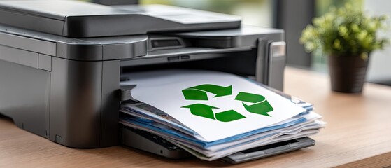 Close-up view of a printer displaying printed paper with recycling symbol on a minimalistic workspace