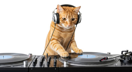 Ginger cat DJ with headphones spinning records isolated PNG with Transparent Background