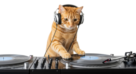 Ginger cat DJ with headphones spinning records isolated PNG with Transparent Background