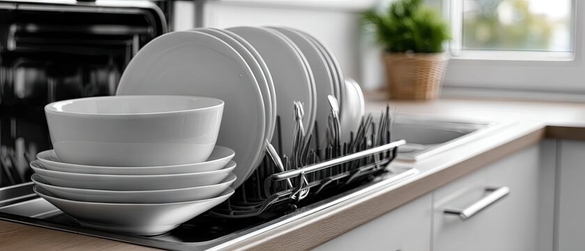 Clean dishes drying in an open kitchen dishwasher with a wicker brush sitting next to them in a modern black and white setting