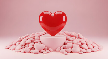 A vibrant red heart rests atop a pile of pink heart shaped candies on a soft pink background