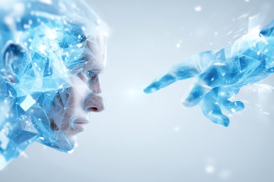 The intersection of human consciousness and advanced technology depicted through an ethereal digital representation of a human face and a human like hand making contact expressing existential