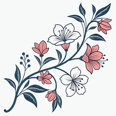 Delicate floral branch with blooming pink and white flowers and dark blue leaves on a white background