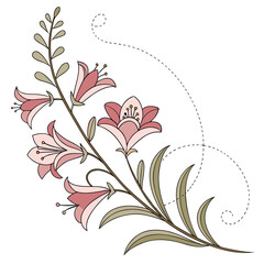 Elegant pink lily flowers with green leaves and delicate dashed line swirls on a white background