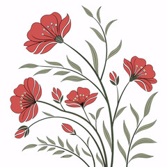 Stylized red flowers with green leaves and buds on a white background illustration