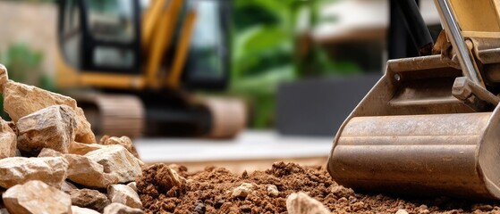 Excavator arm moving rocks and dirt in snowy landscape with clear area for text near equipment