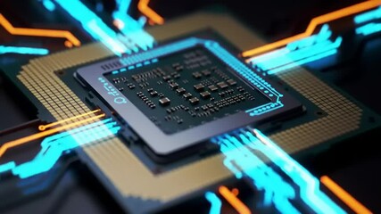 Processor chip with neon energy flow.