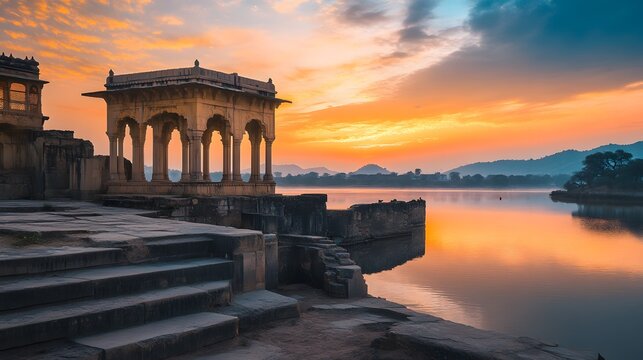 Stone pavilion by a serene lake during a colorful sunrise ancient architecture photo - Powered by Adobe