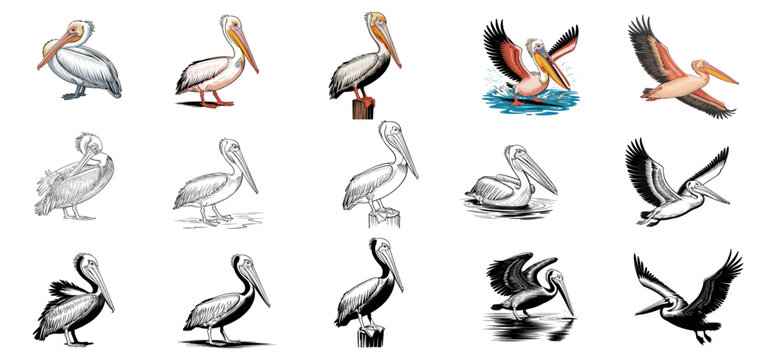 pelican bird illustration set with various poses like flying and perched, vector collection 