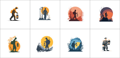 Fototapeta premium Set of vector illustrations of a man with a lantern