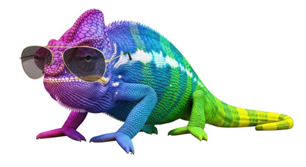 Colorful chameleon wearing sunglasses isolated PNG with Transparent Background