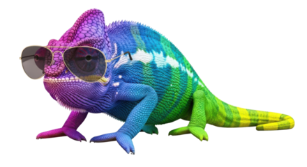 Colorful chameleon wearing sunglasses isolated PNG with Transparent Background