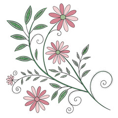Whimsical hand drawn floral illustration with pink daisies and green leaves on a white background