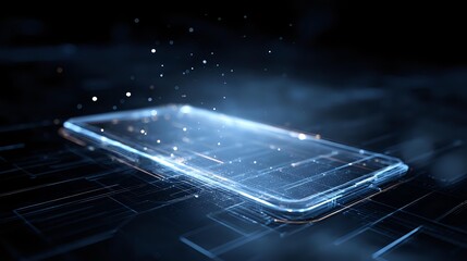 Futuristic smartphone with glowing digital interface abstract technology concept for mobile app development isolated on dark background
