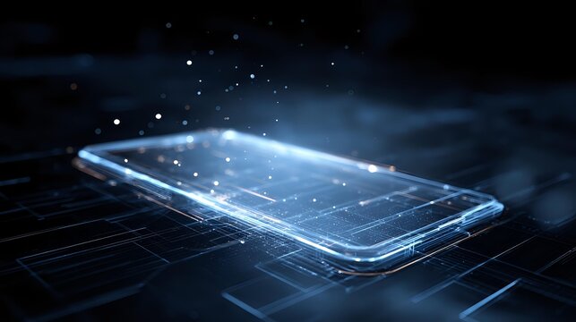 Futuristic smartphone with glowing digital interface abstract technology concept for mobile app development isolated on dark background