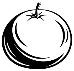A black and white line drawing of a tomato, apple, black, illustration, image, peach, profile, white, against transparent background