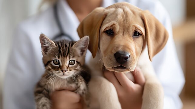 Portrait of a caring female doctor holding a kitten and puppy in her arms with a warm smile on a bright day