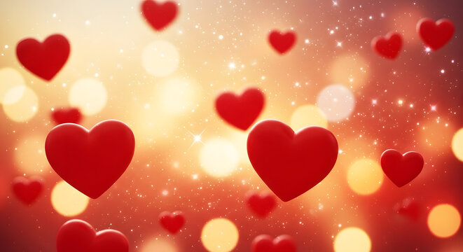 Romantic red hearts floating and twinkling with soft bokeh lights background for celebration - Powered by Adobe