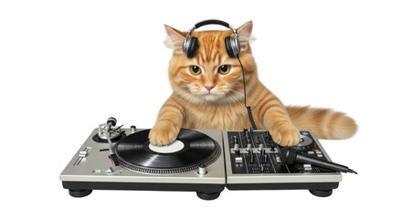 Orange cat DJ playing music on turntable isolated PNG with Transparent Background