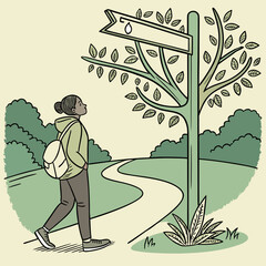 A young woman with a backpack walks on a winding path towards a unique signpost tree with a single drop symbol