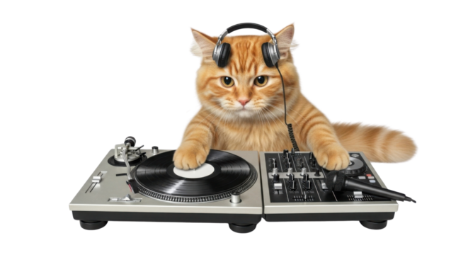 Orange cat DJ playing music on turntable isolated PNG with Transparent Background